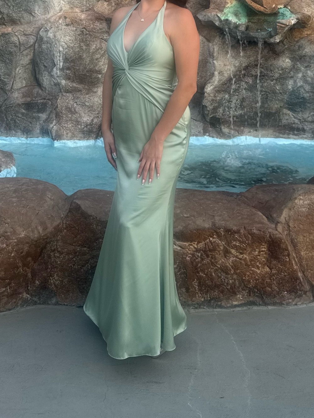 Azazie Elegant Sage Halter Satin Evening Dress